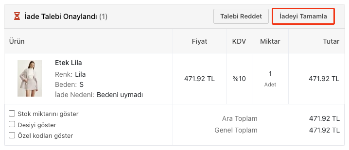 Sipariş iade talepleri ve iade durumları ekranı