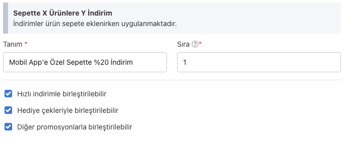 Promosyon, hediye çeki ve hızlı indirim birleştirme ayarları