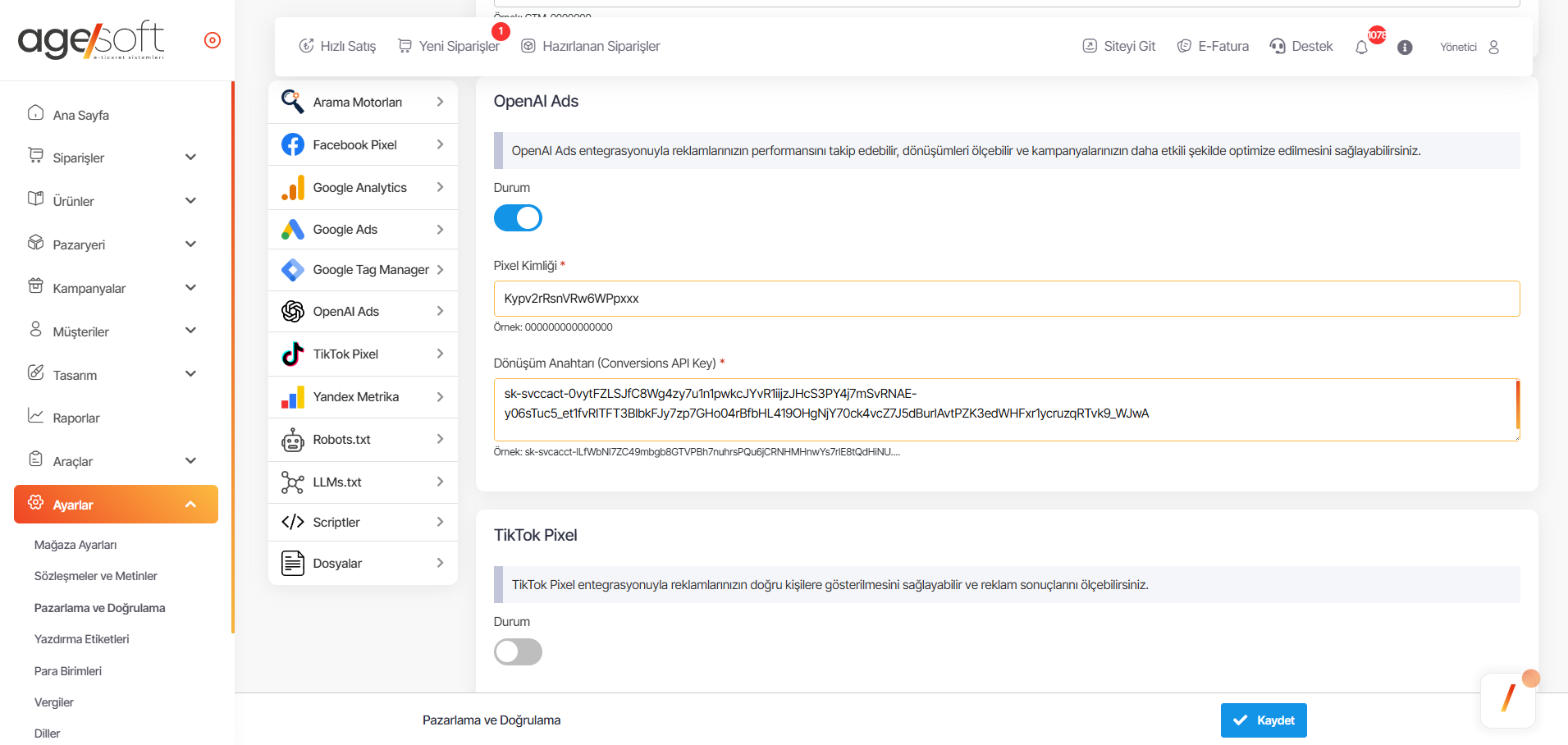 Agesoft OpenAI Ads Pixel ve Conversions API ayarları