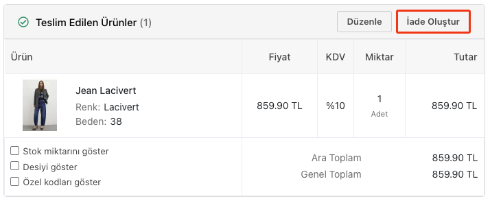 Yönetim paneli üzerinden sipariş iadesi oluşturma ekranı