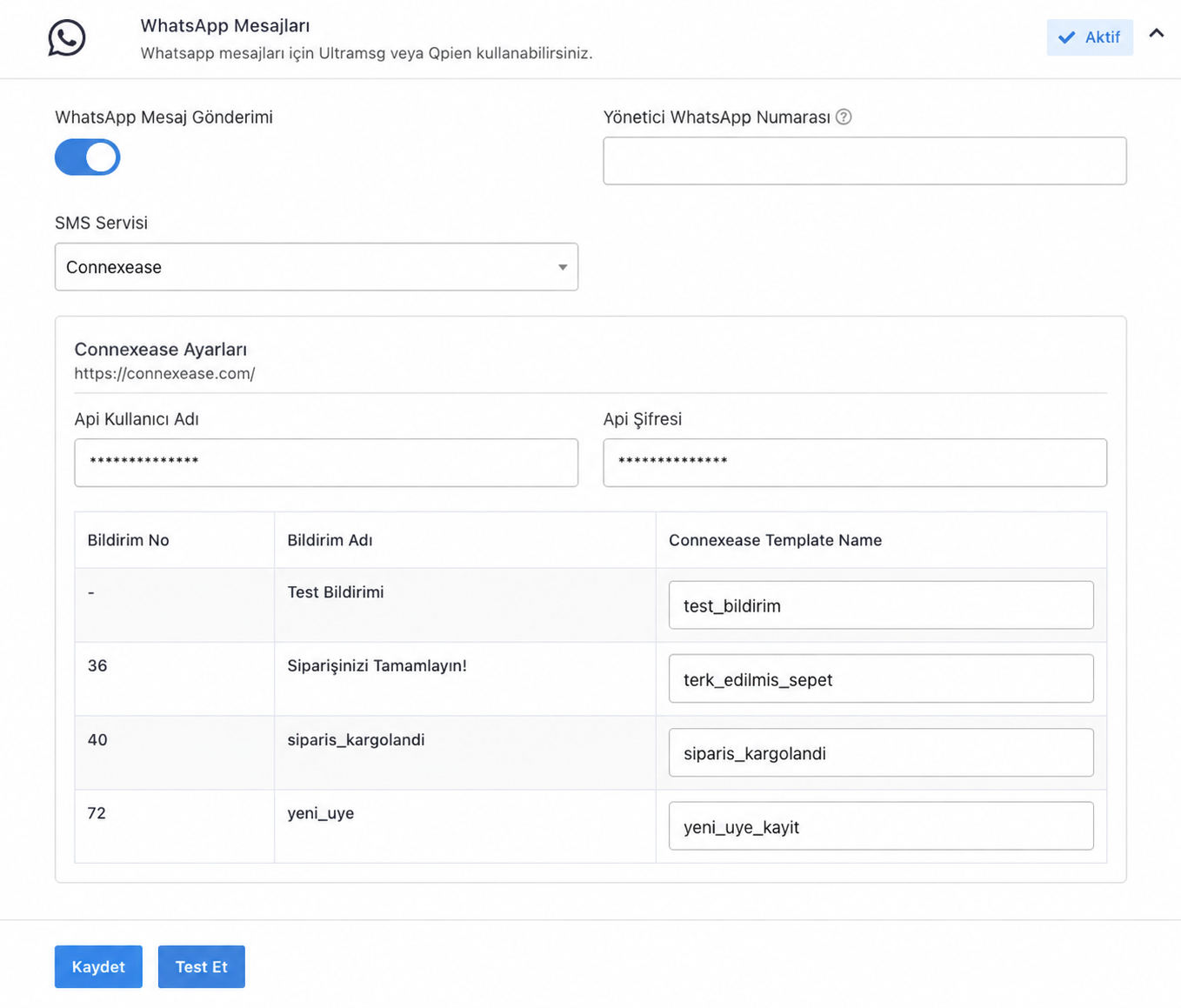 Agesoft Connexease WhatsApp mesaj entegrasyonu ve şablon eşleştirme