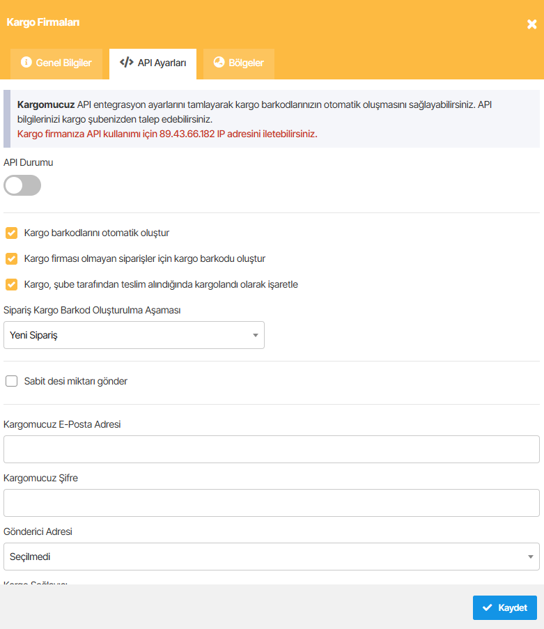 Kargomucuz API ayarları ve entegrasyon kurulumu
