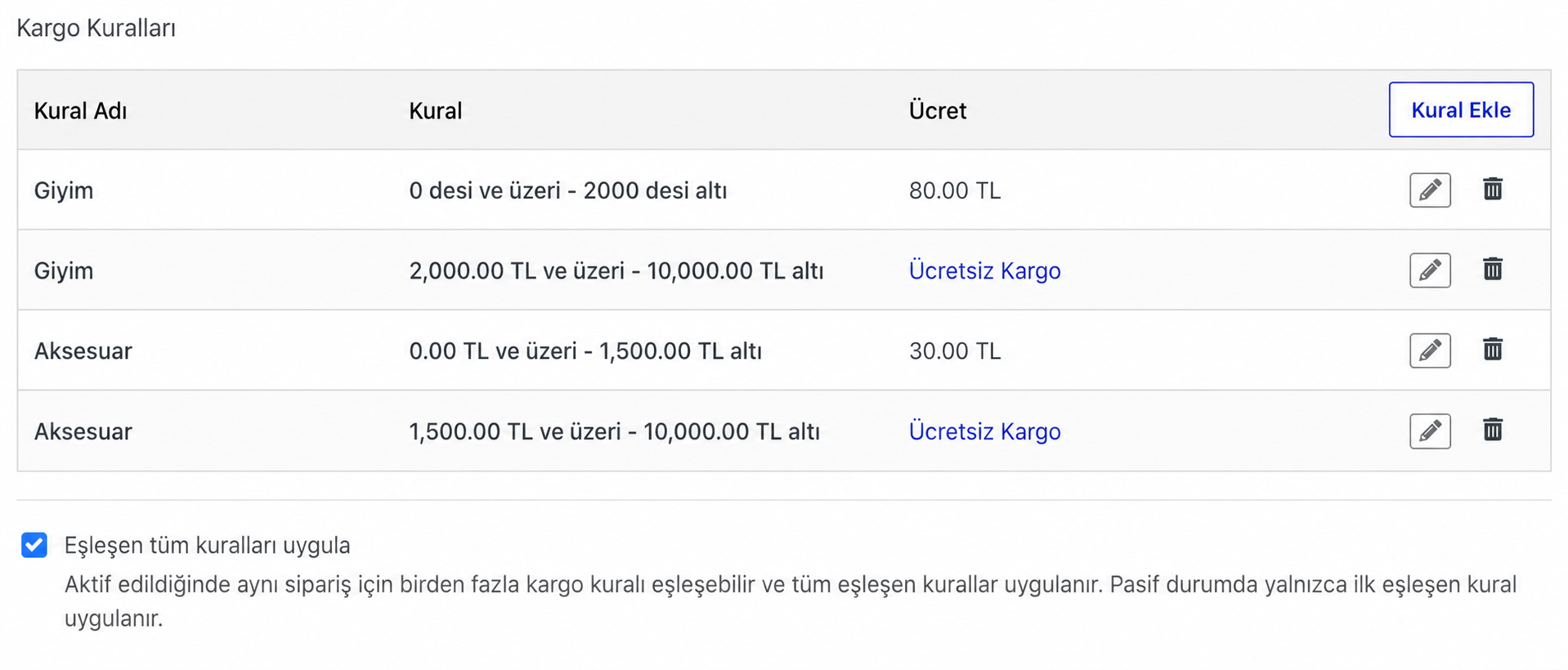 Ürün grubu bazlı gelişmiş kargo ücretlendirme kuralları