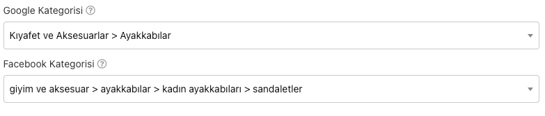 Google Taxonomy ve Facebook katalog kategori seçimi